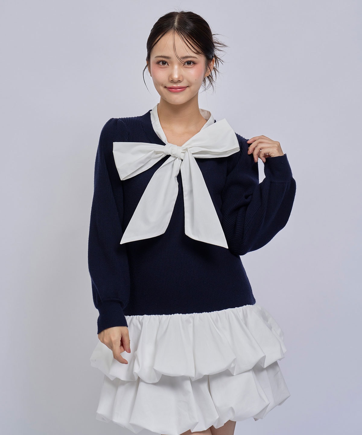 【=LOVE 大場花菜さん着用】ビッグリボンティアードニットシャツミニワンピース