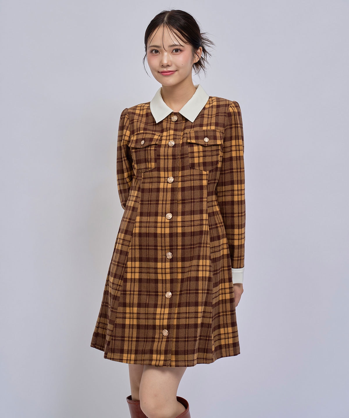 エンブレムボタンチェックミニシャツフレアワンピース