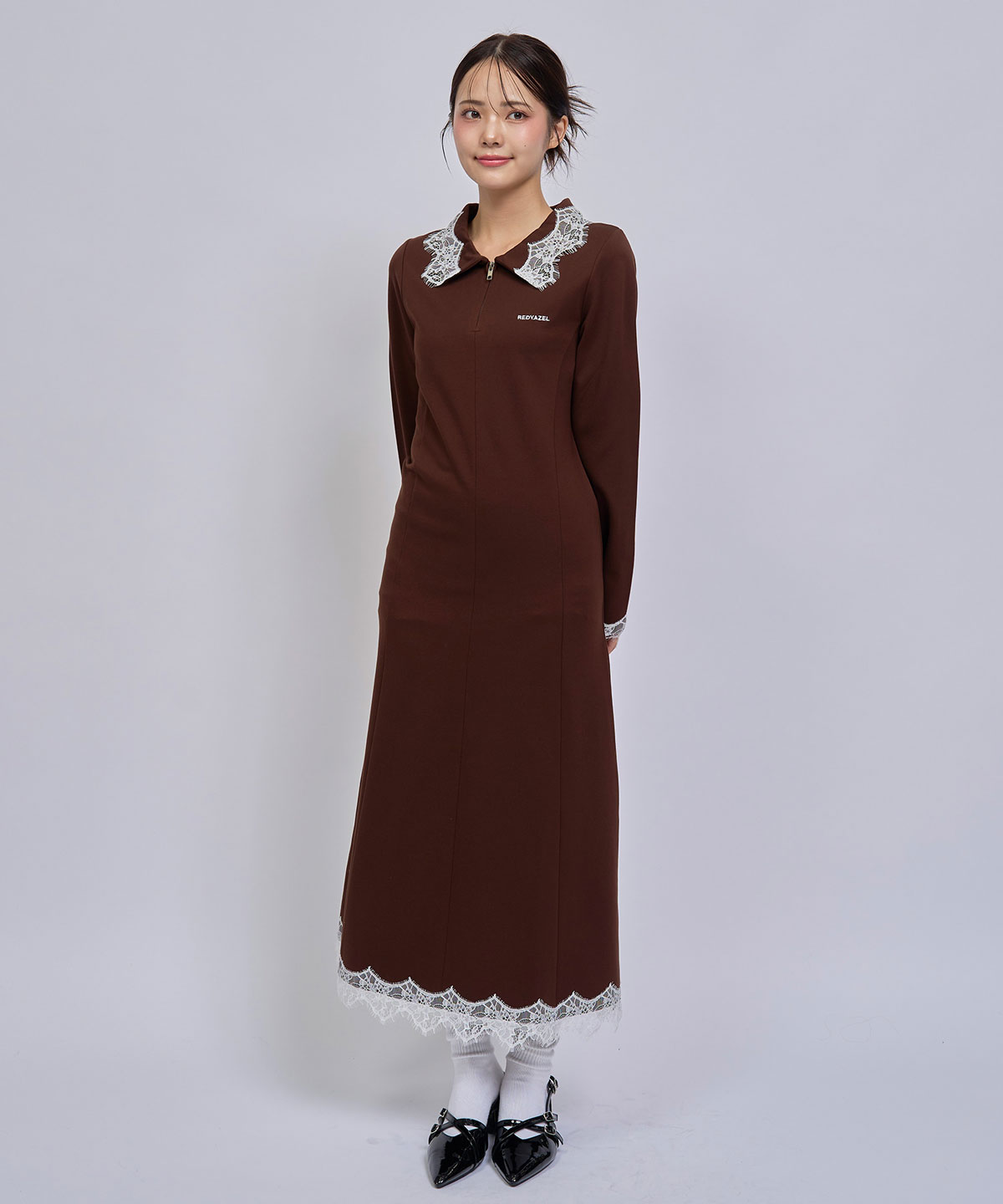 レーストリムハーフZIPポロカットロングワンピース