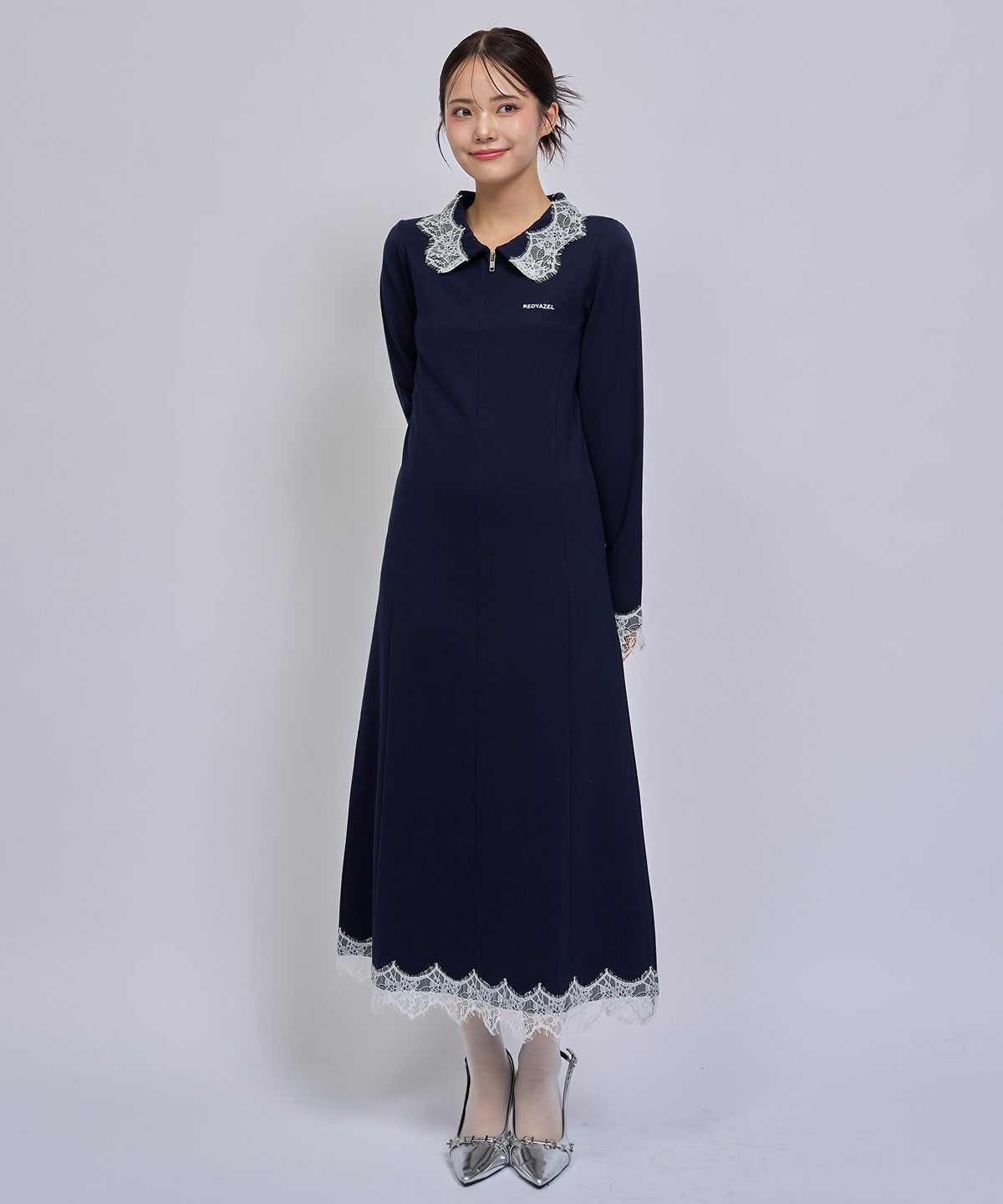レーストリムハーフZIPポロカットロングワンピース