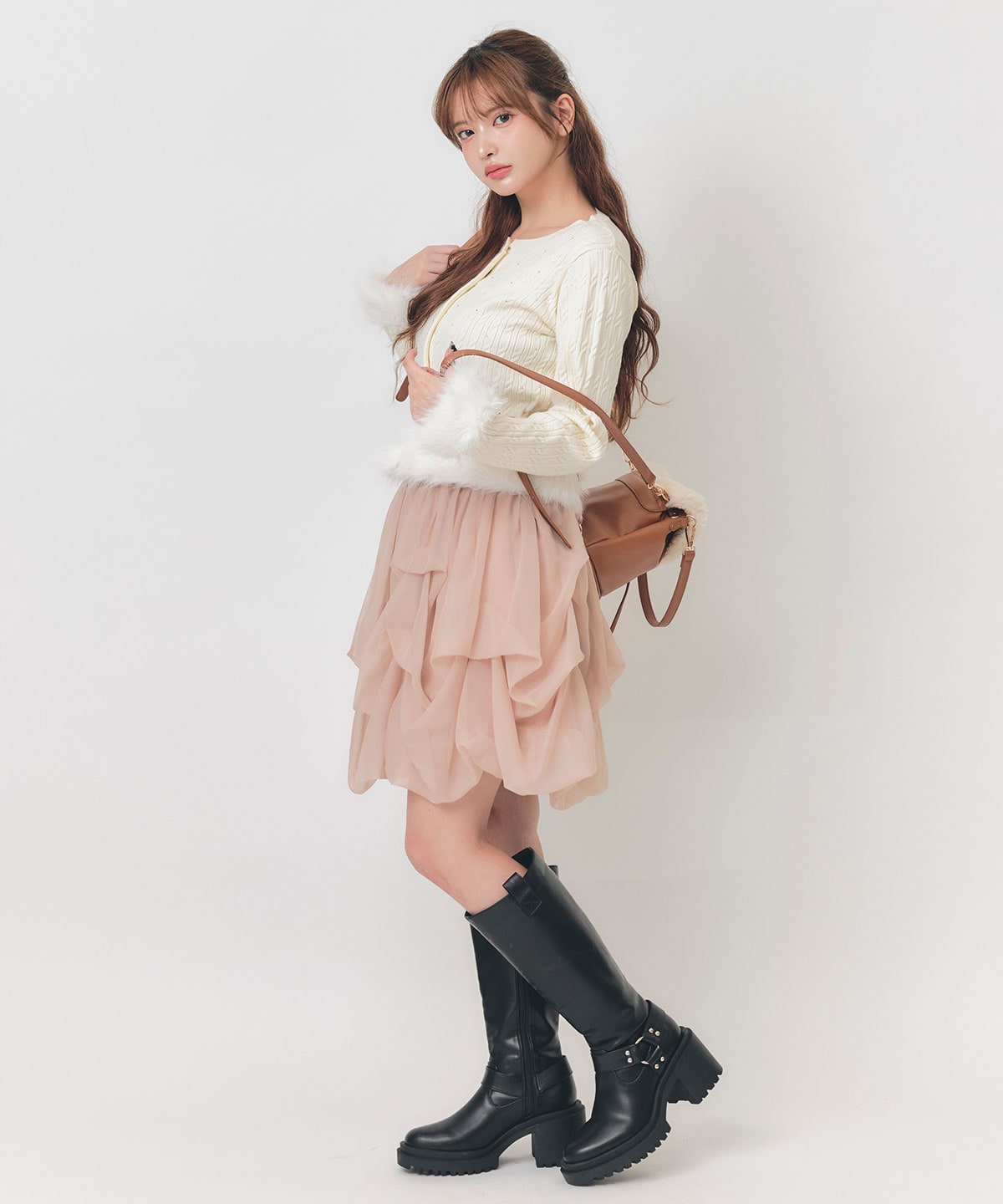 ホットフィットビジューミニケーブルファーニットカーディガン