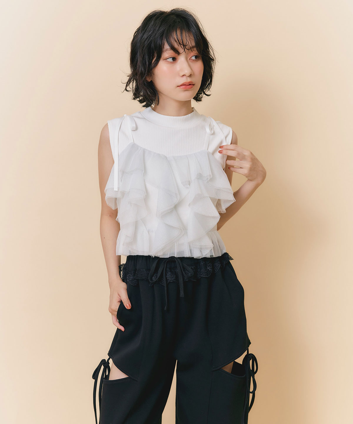 ショルダーリボンビスチェ×ノースリーブニット
