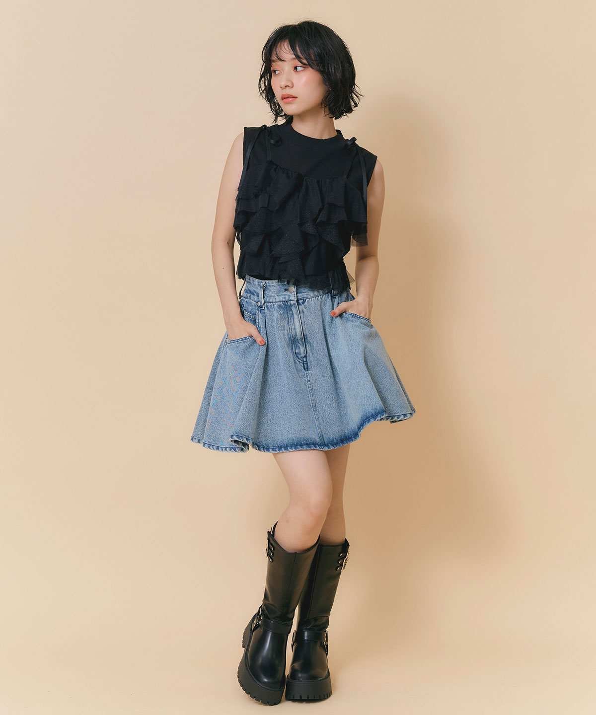 ショルダーリボンビスチェ×ノースリーブニット