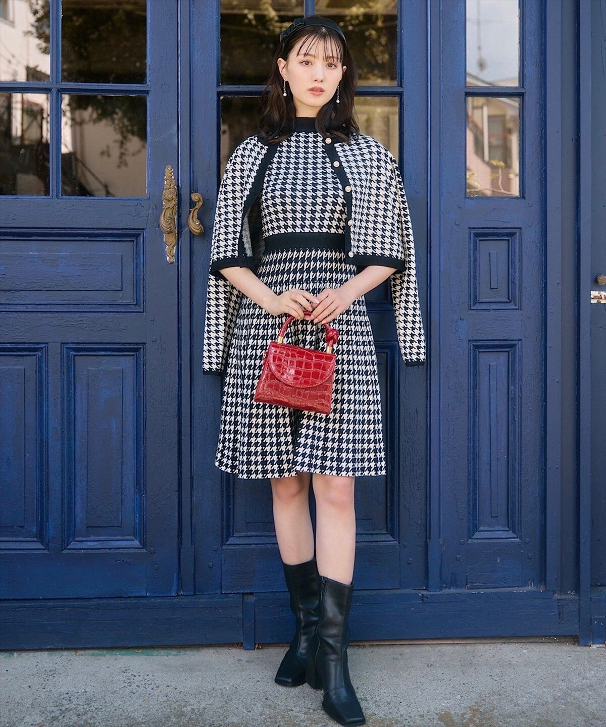 ボトルネック千鳥柄ノースリーブニットワンピース(F ボルドー  