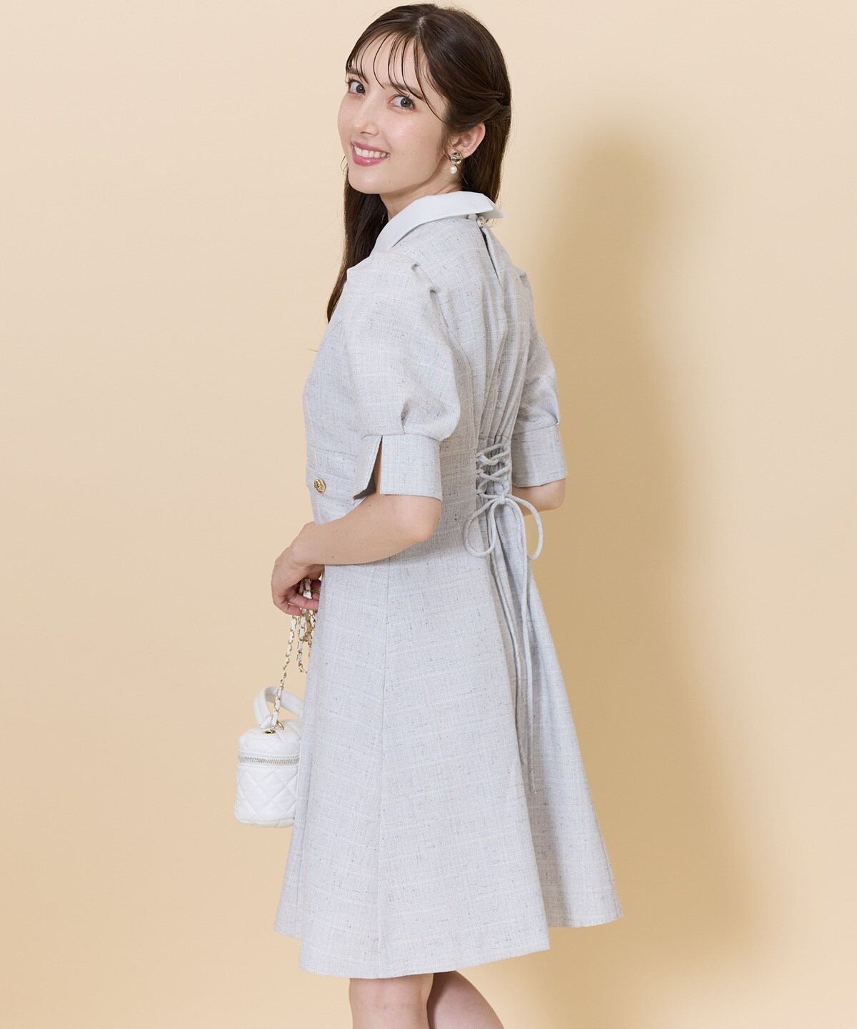 2WAYバイカラー衿エレガンスツイードミニワンピース(F サックス  