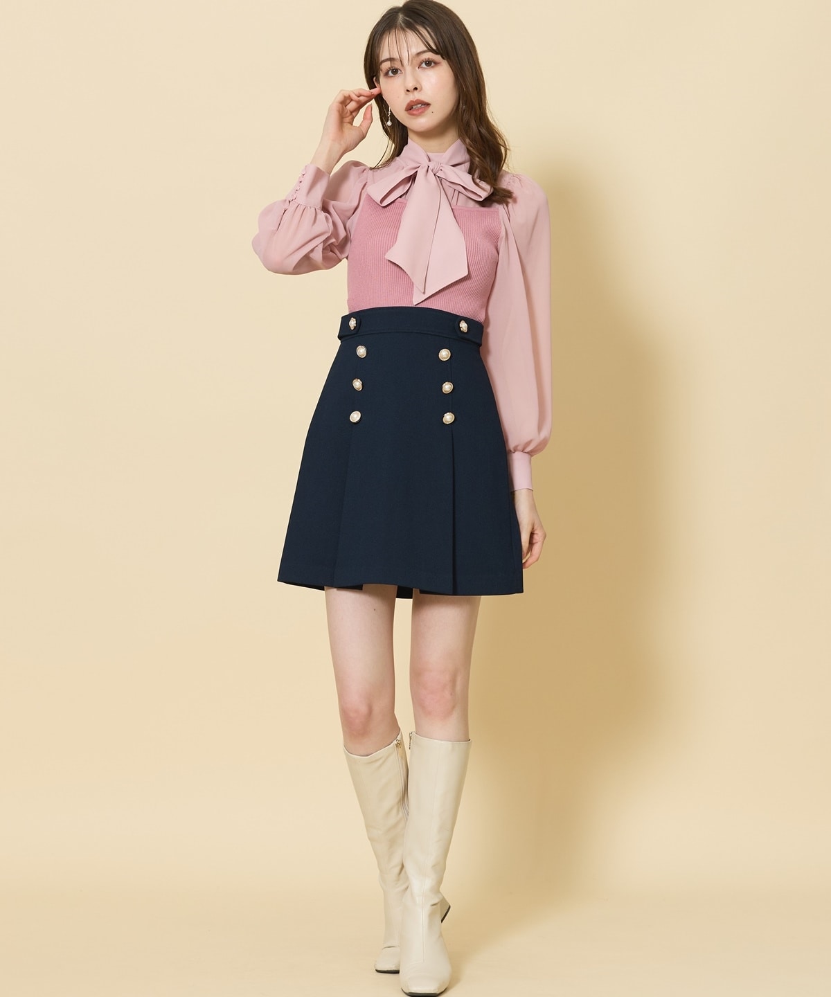 異素材ドッキングボウタイリブニットプルオーバー