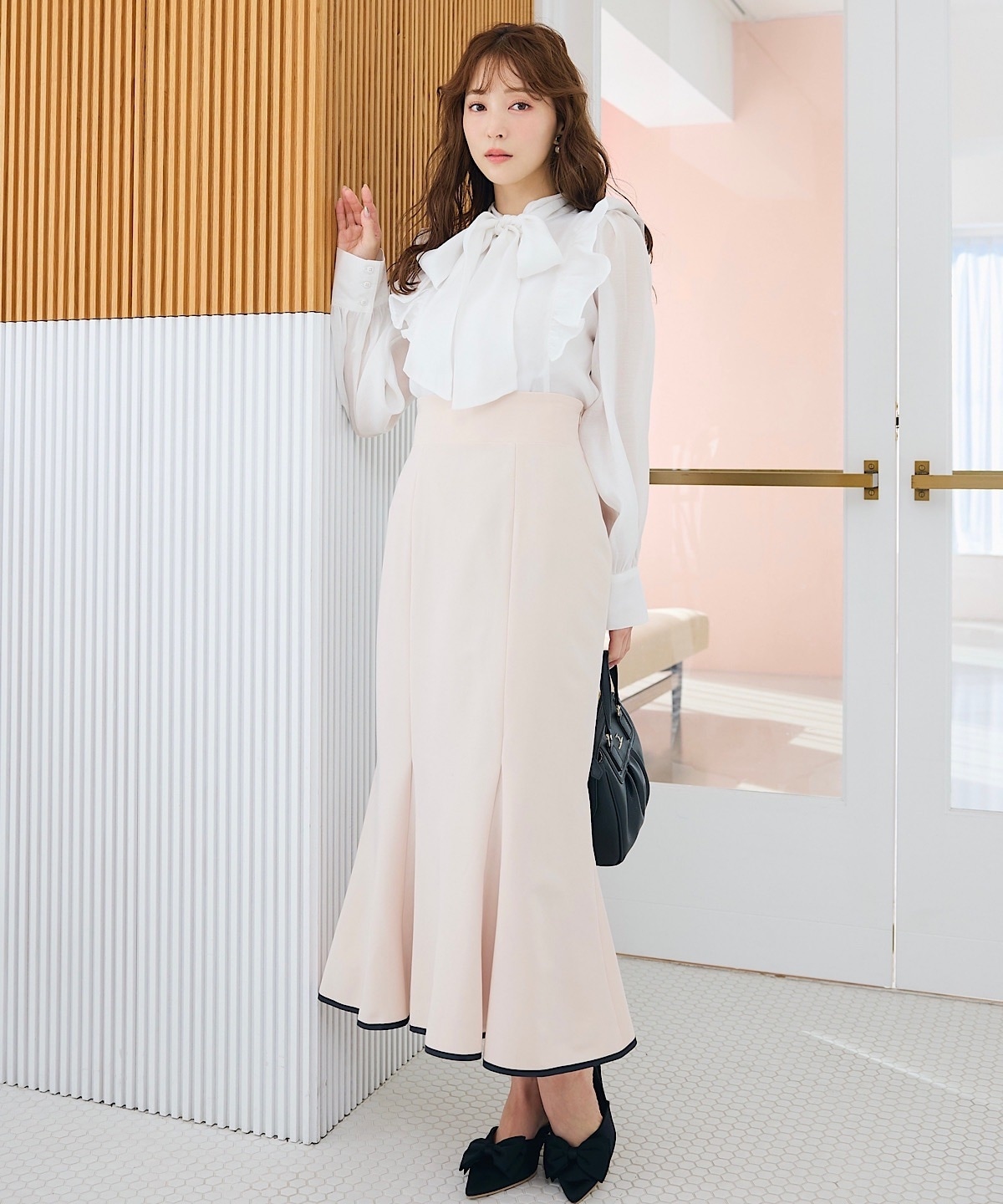 クレープフリルボウタイブラウス