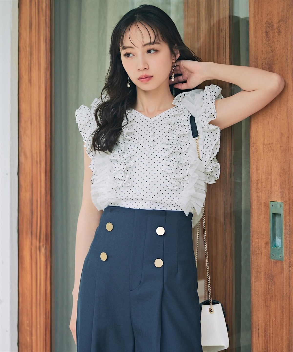 シフォンチュールフリルシアーブラウス