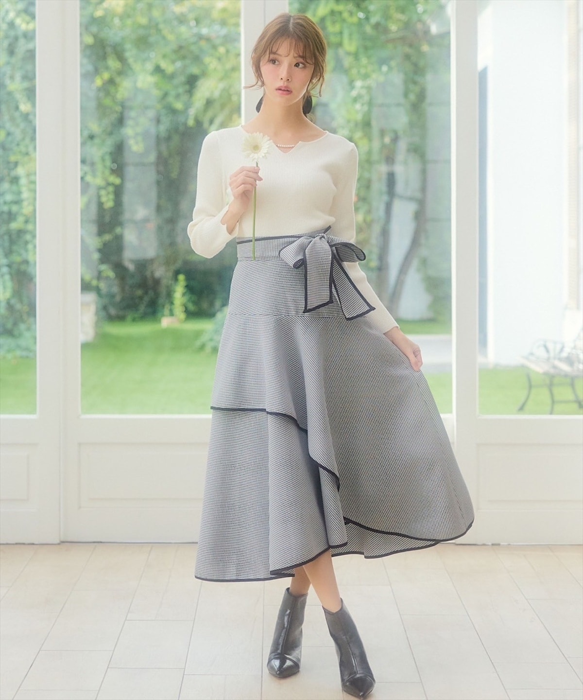 リボンベルトアシメフレアパイピングスカート