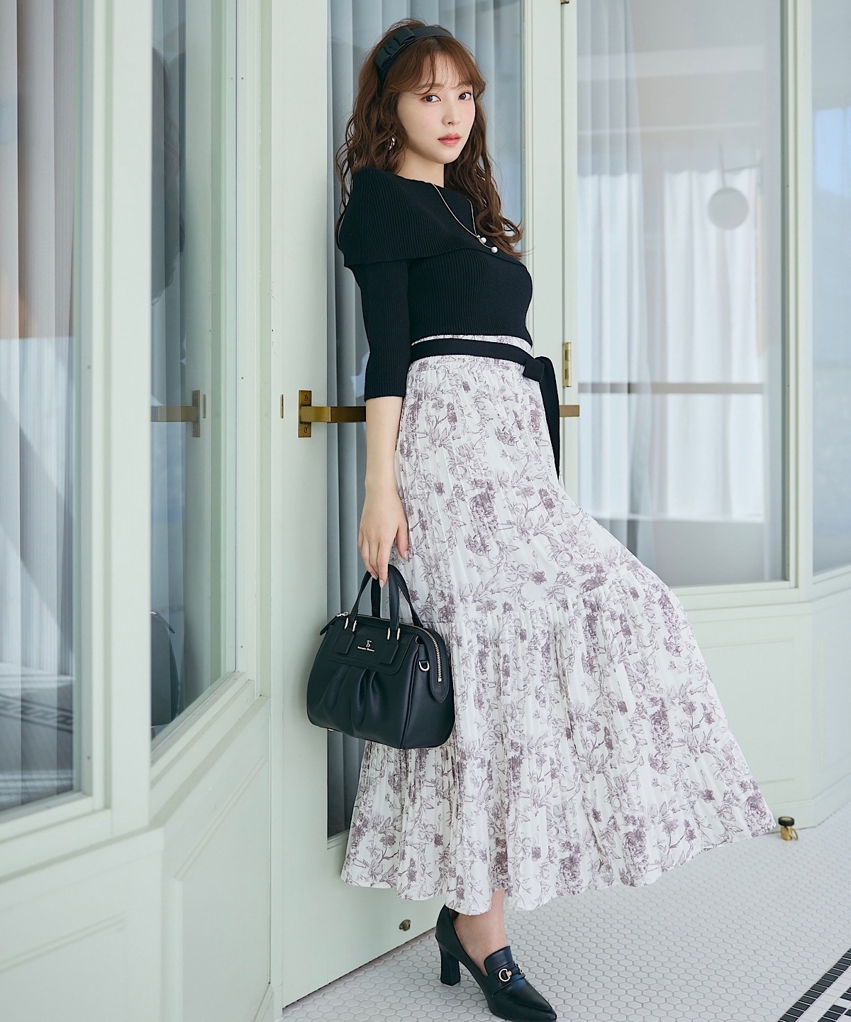 オフショルニットドッキングプリーツワンピース