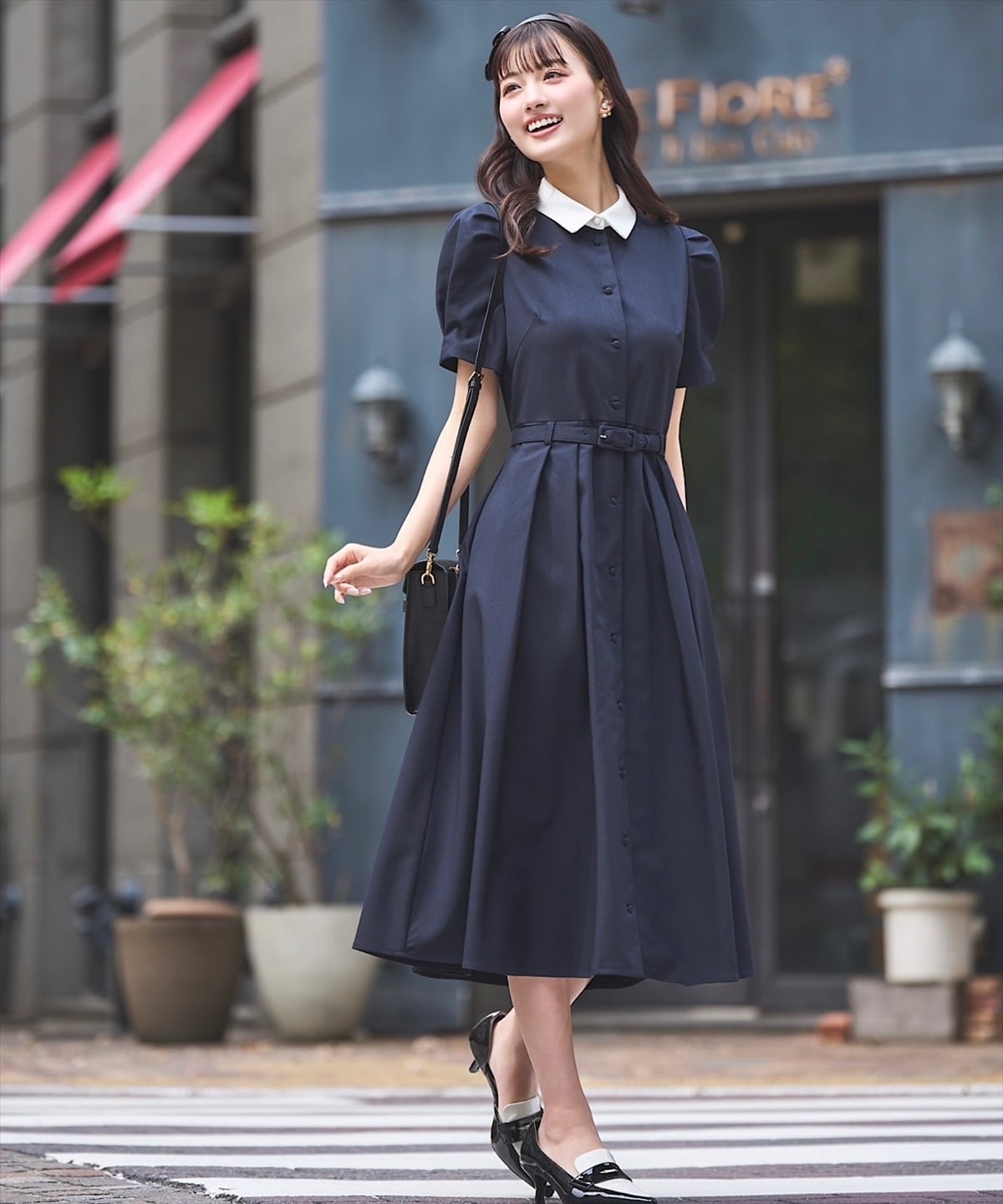 サマーツイードバイカラー衿ハーフスリーブワンピース