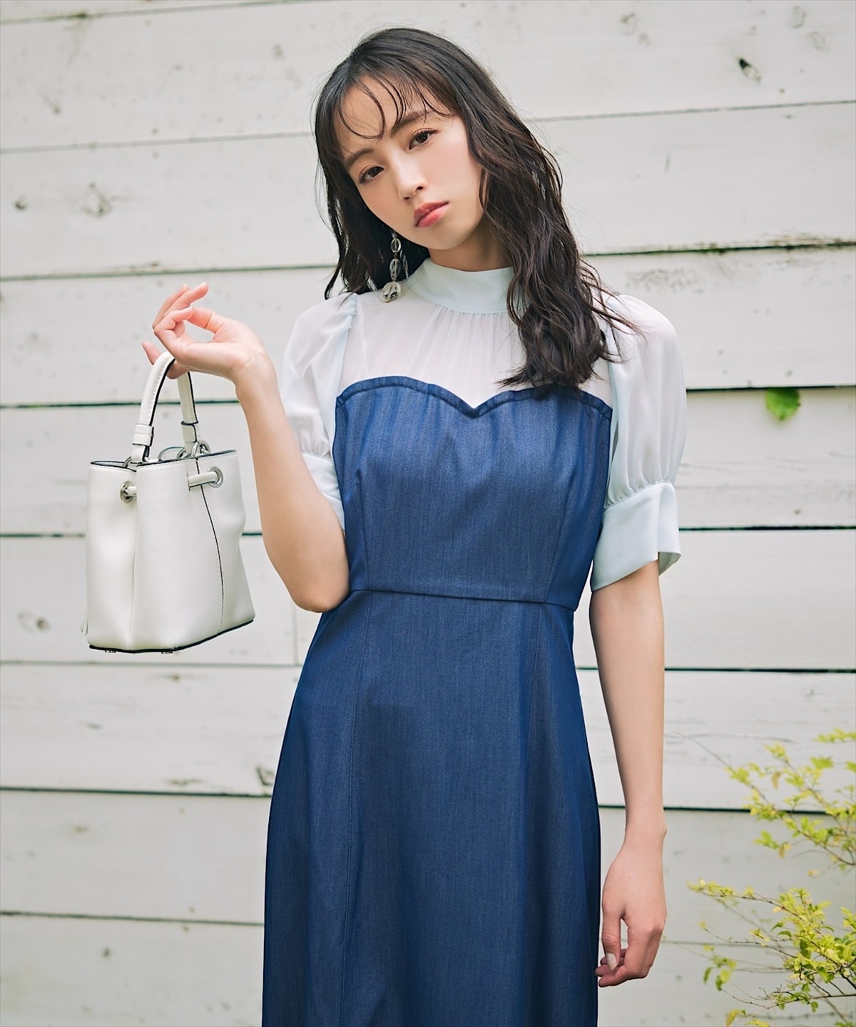 バックリボン異素材ドッキングマーメイドデニムワンピース