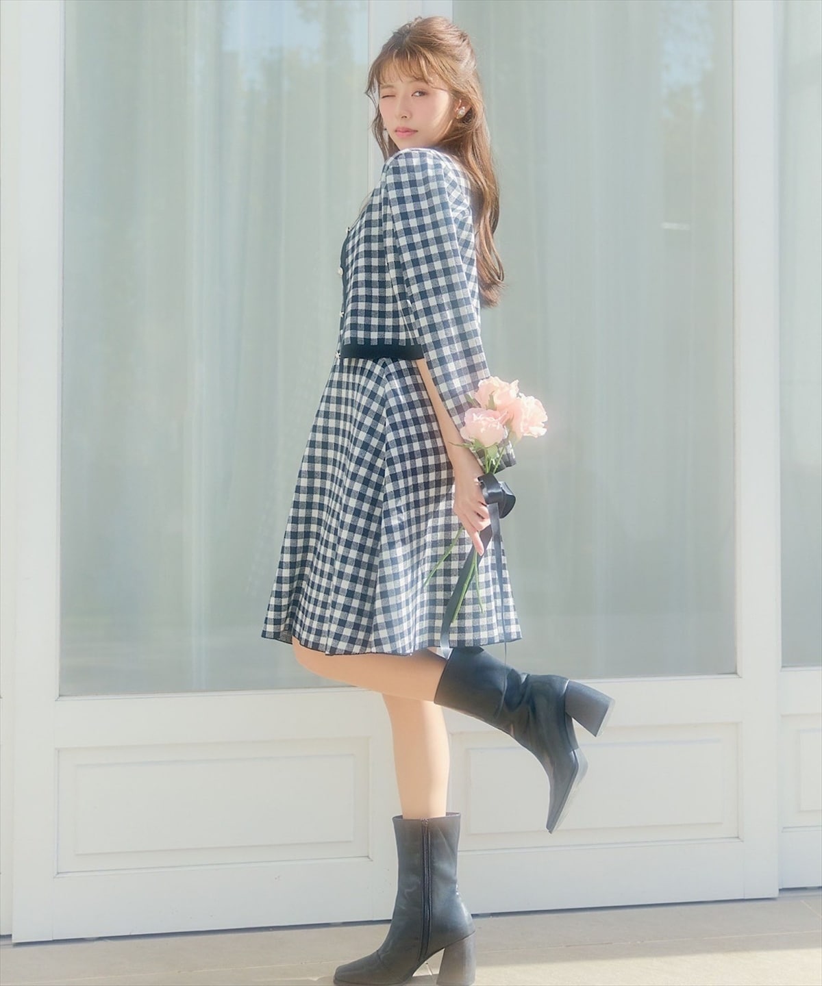 配色ギンガムチェックニットカーディガン