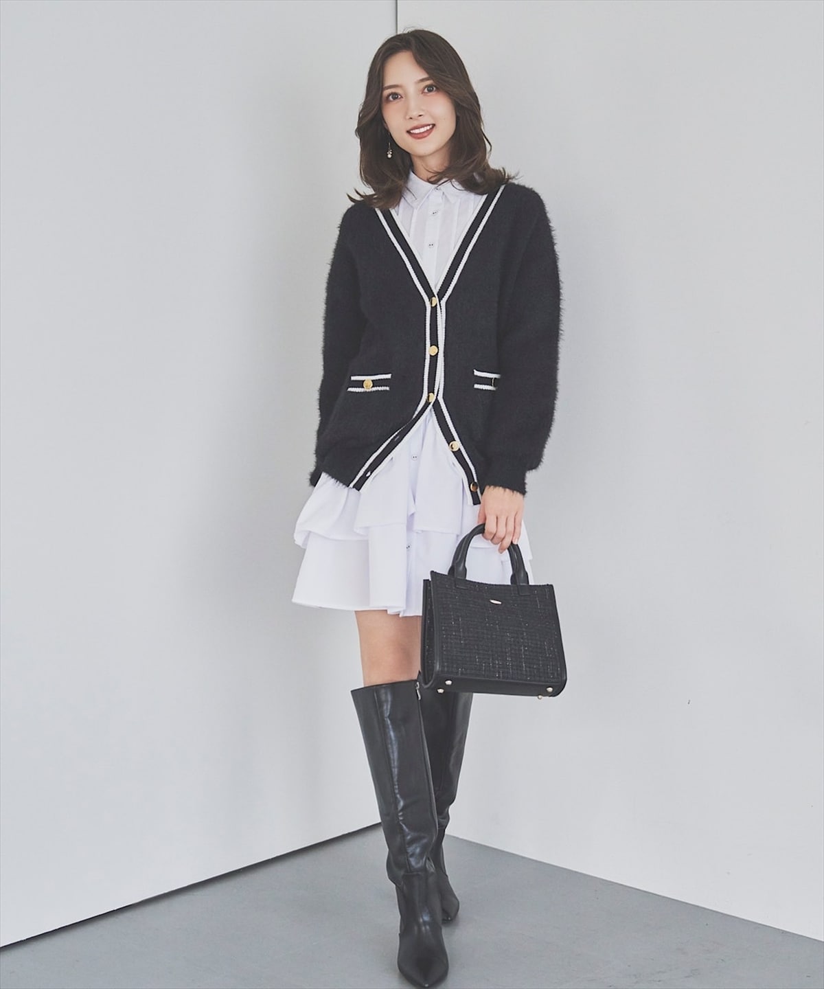 配色シャギーニットカーディガン