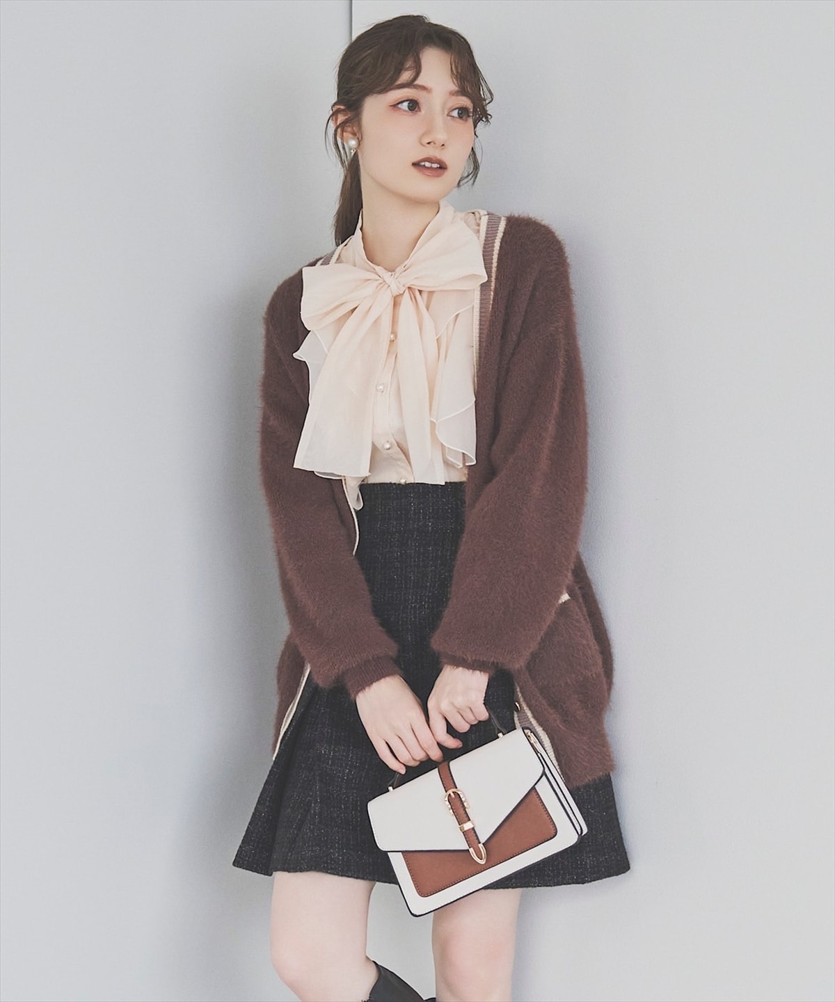 配色シャギーニットカーディガン