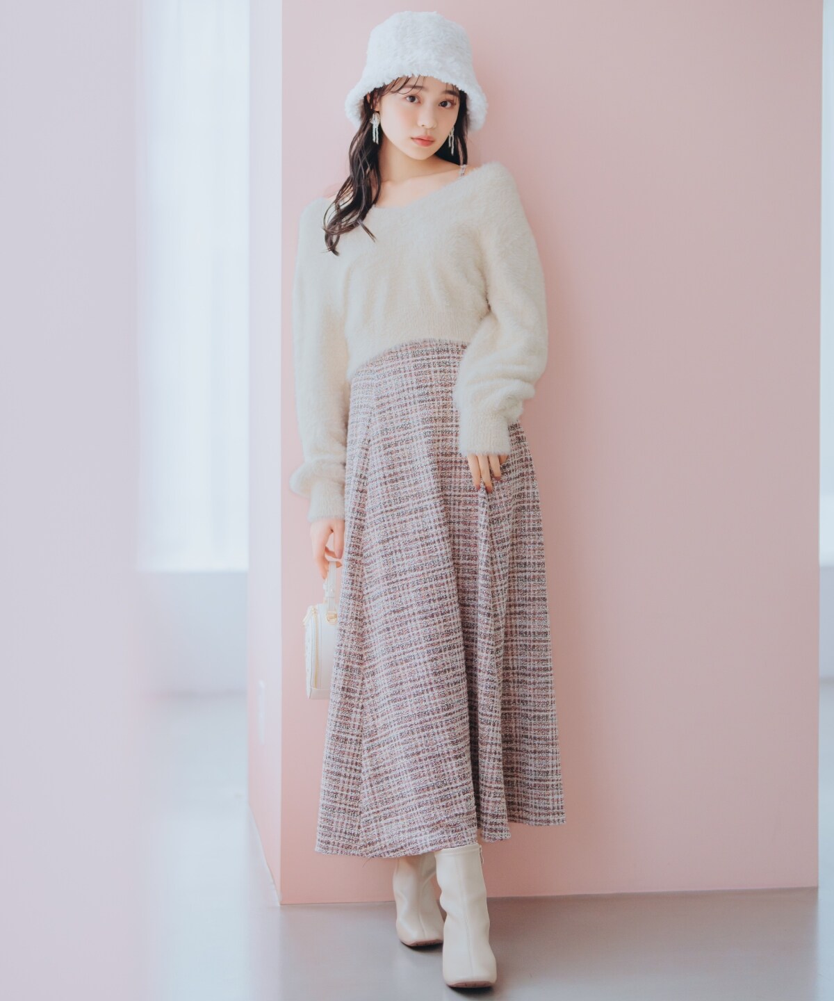 シャギーニット×フレアワンピース