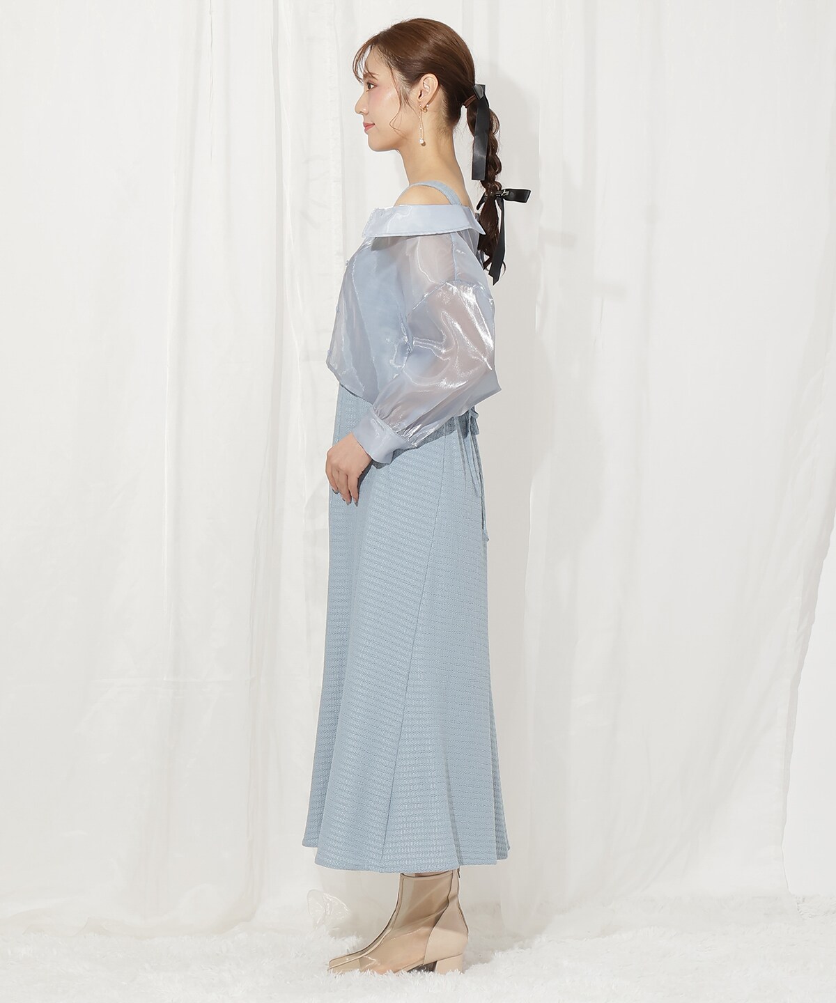 シアーブラウス×カットソーマーメイドワンピース