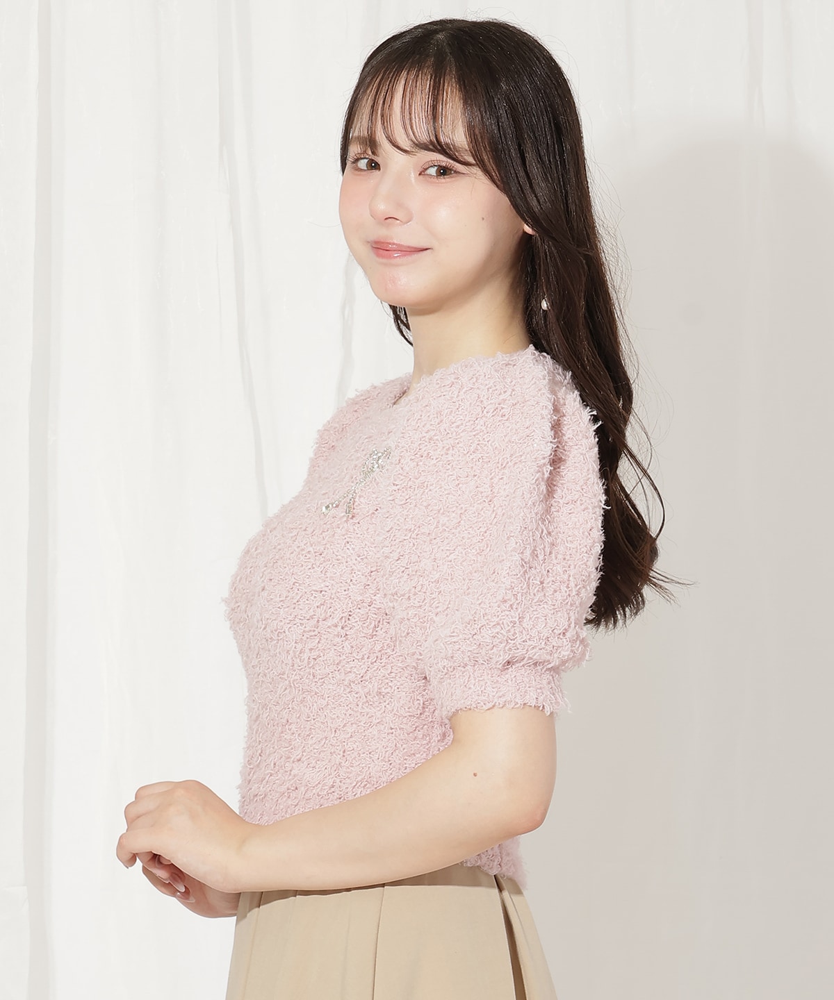 リボンブローチ付きテディヤーンニット