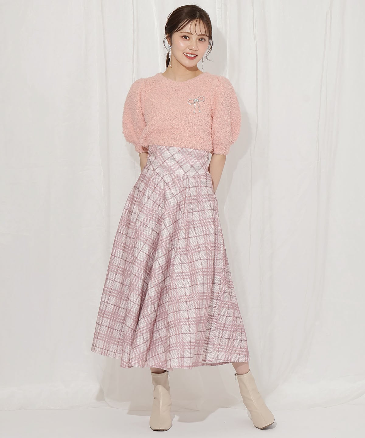 リボンブローチ付きテディヤーンニット