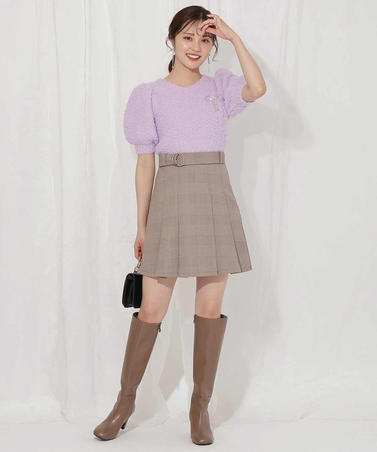 リボンブローチ付きテディヤーンニット