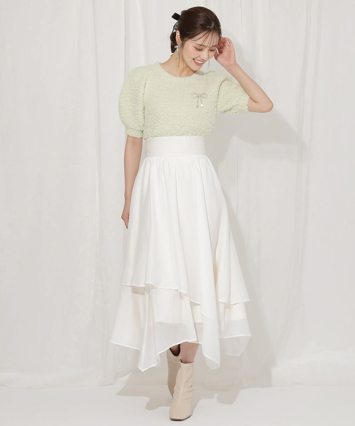 リボンブローチ付きテディヤーンニット