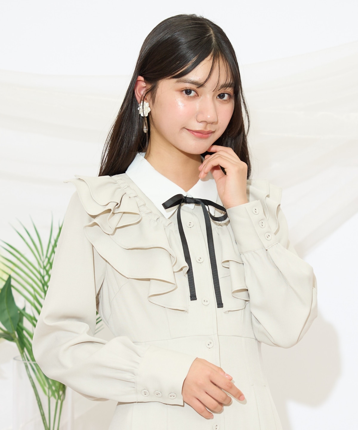 配色襟ダブルフリルシャツワンピース