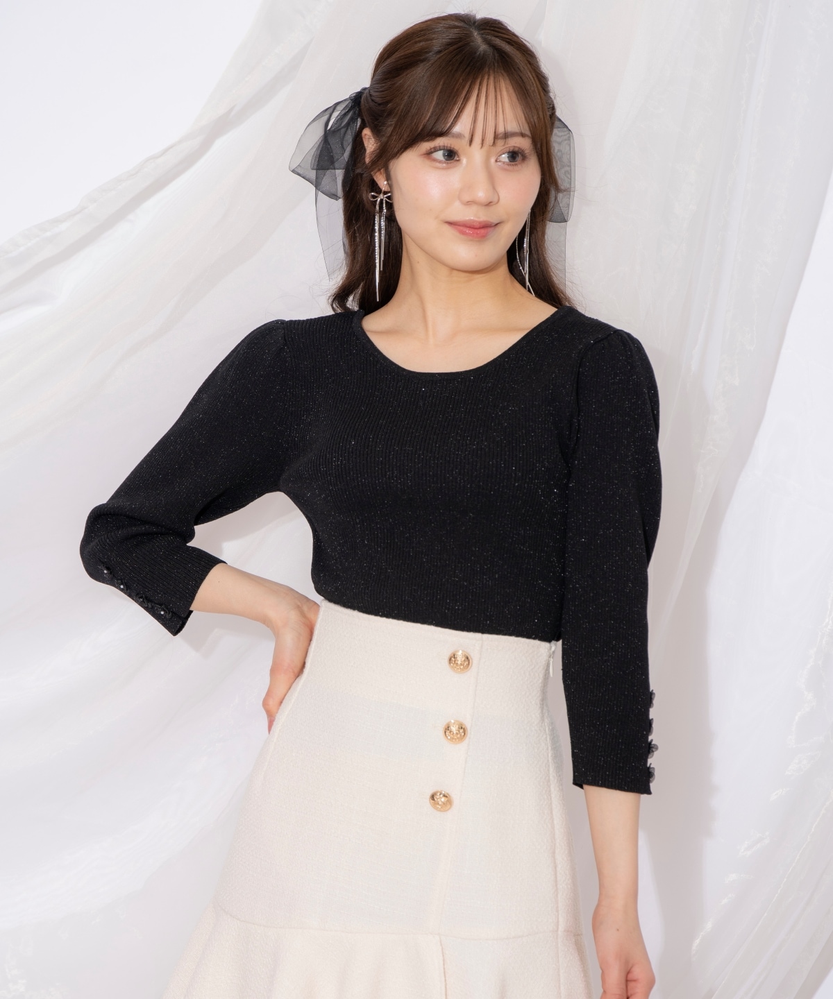 袖フラワーラメ7分袖ニットプルオーバー