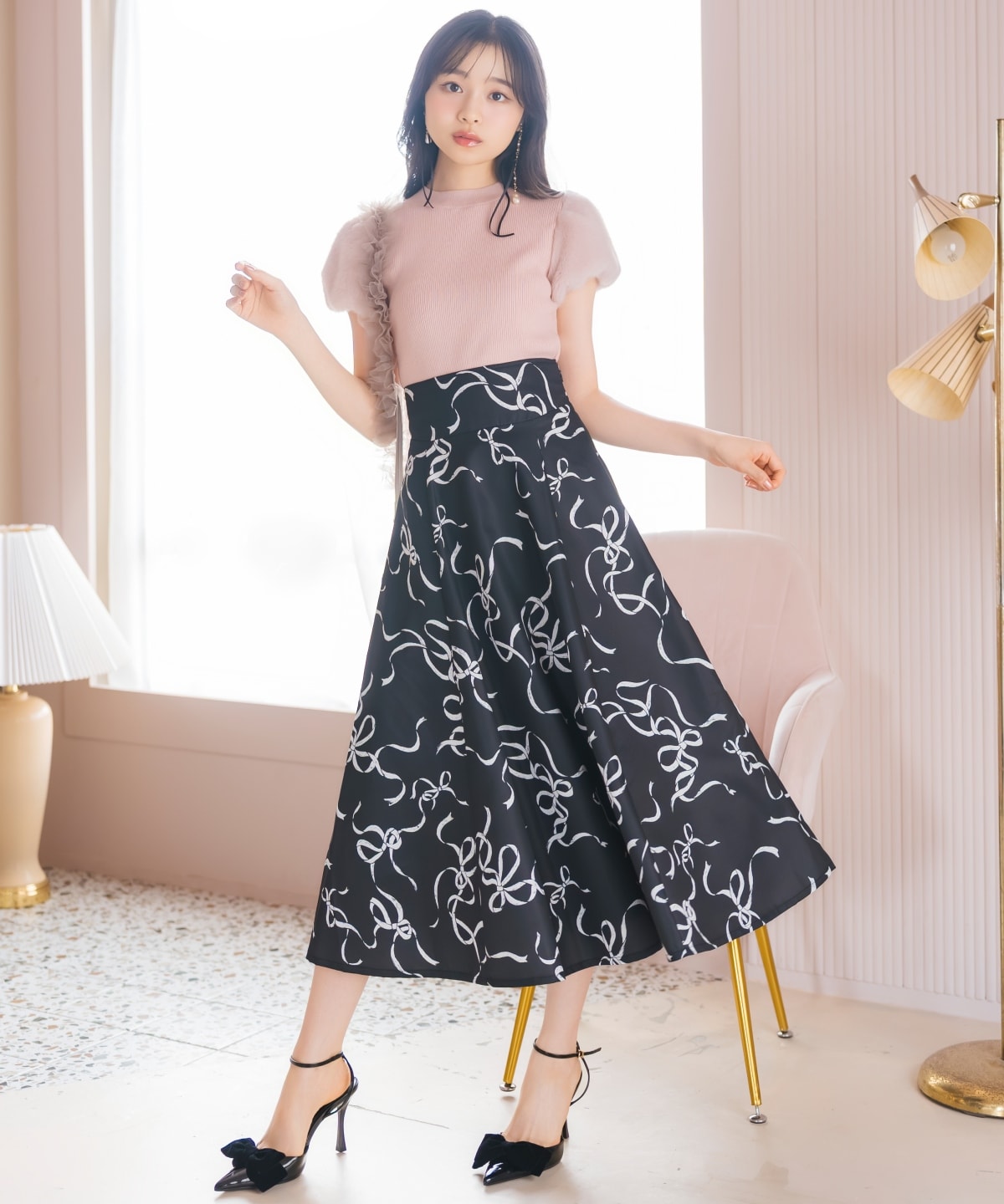 リボンプリントフレアスカート