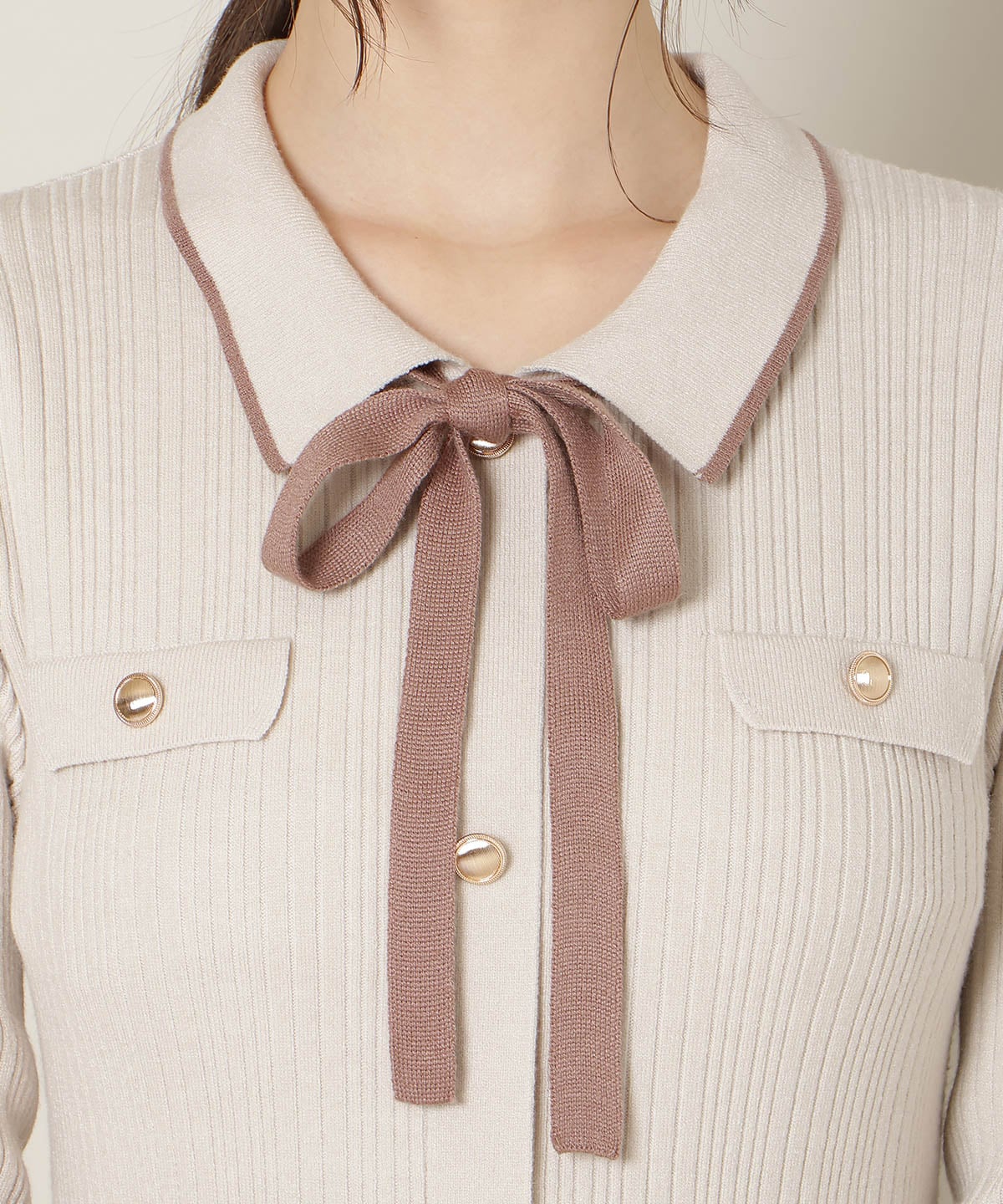 フロントボタンリボンタイニットワンピース