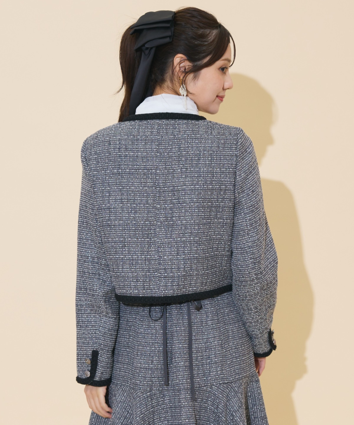 ブレードデザインノーカラーツイードジャケット