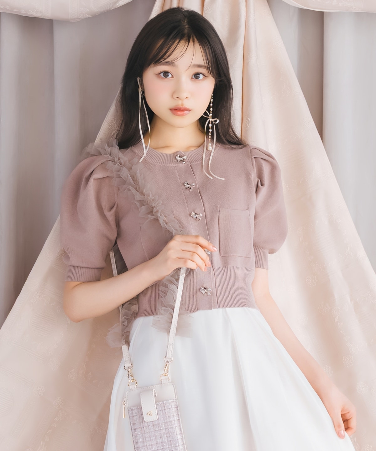 ビジューリボンタックスリーブカーディガン