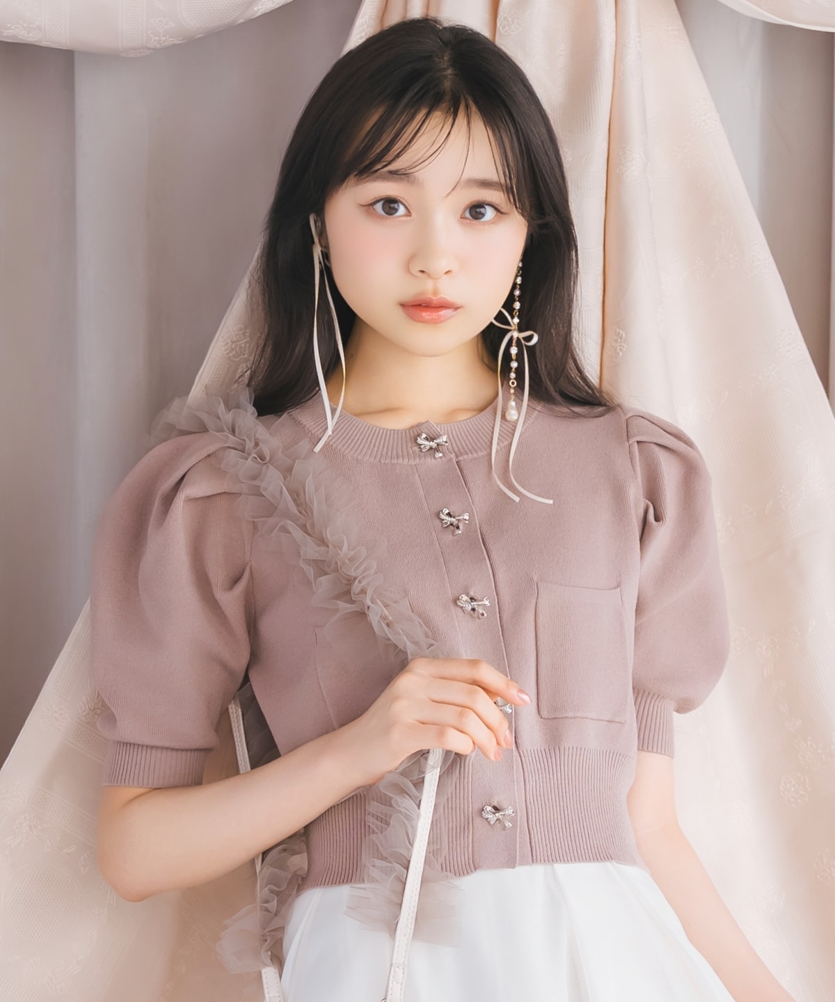 ビジューリボンタックスリーブカーディガン