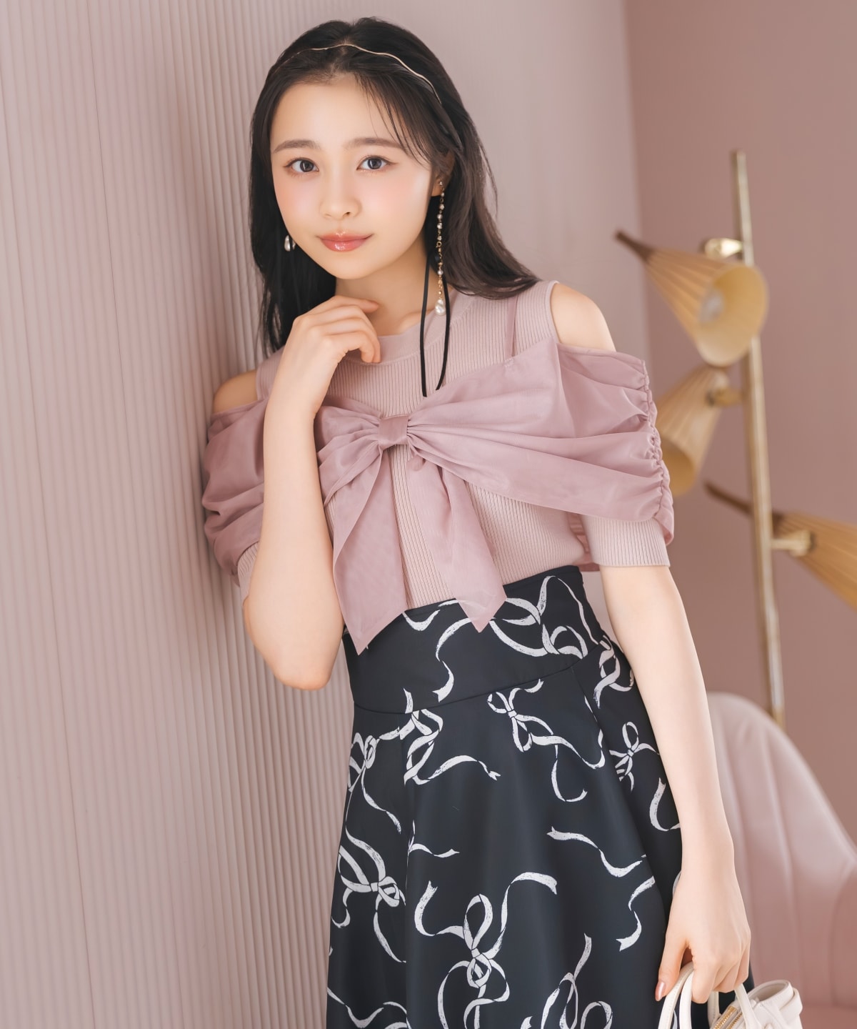 チュールオフショルリブニット