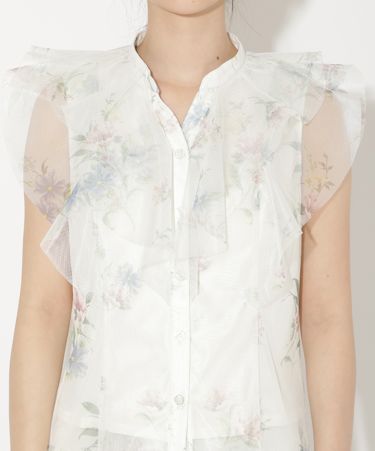 フラワーメッシュラッフルブラウス