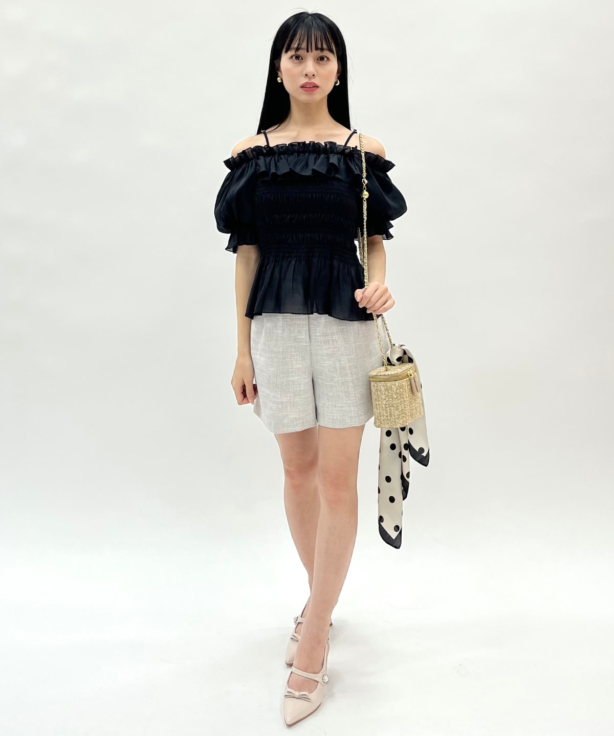 シャーリングペプラムブラウス