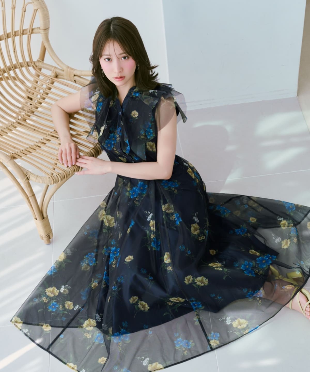 フラワーメッシュタックフレアスカート