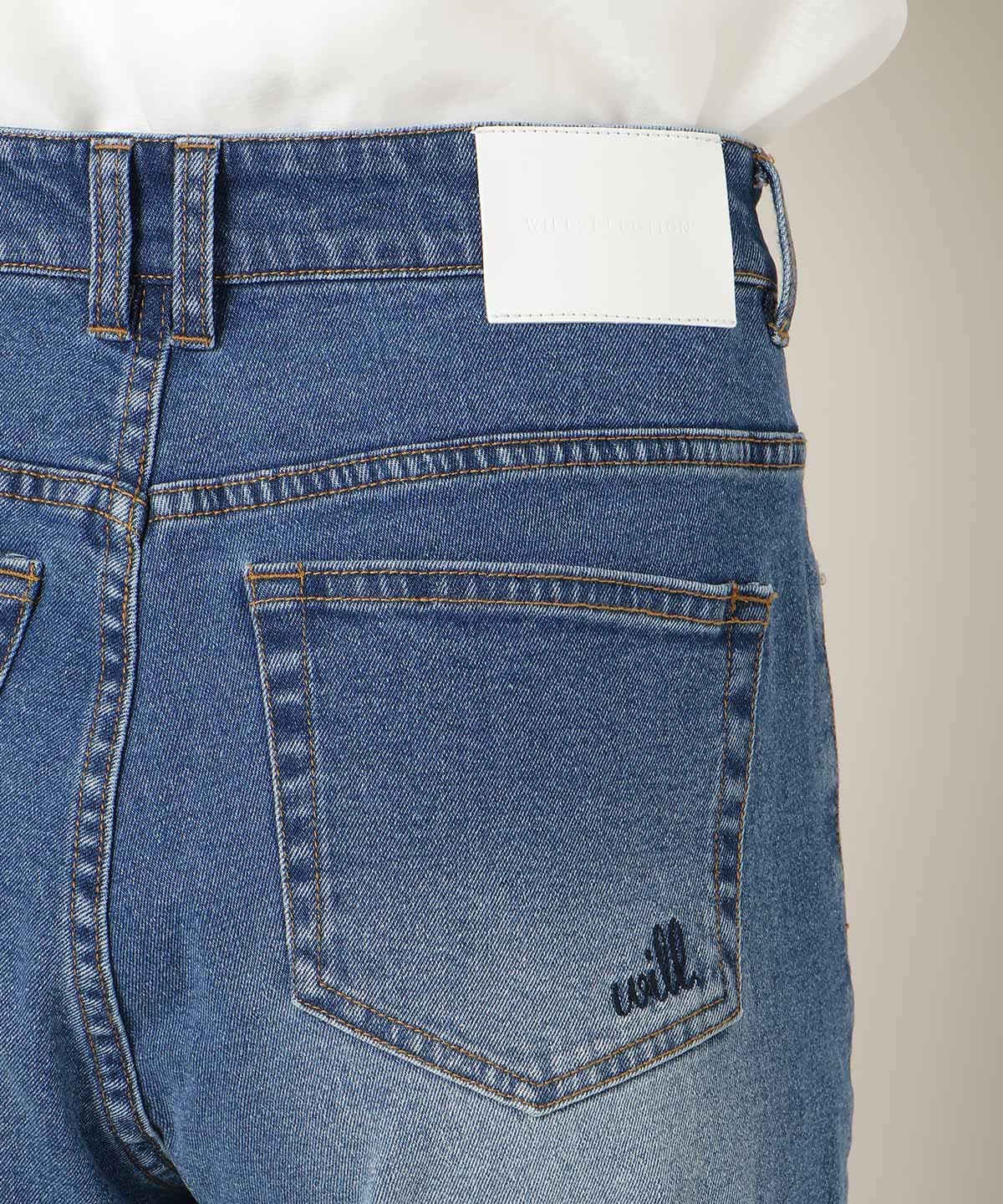 ロゴ刺繍セミフレアデニムパンツ