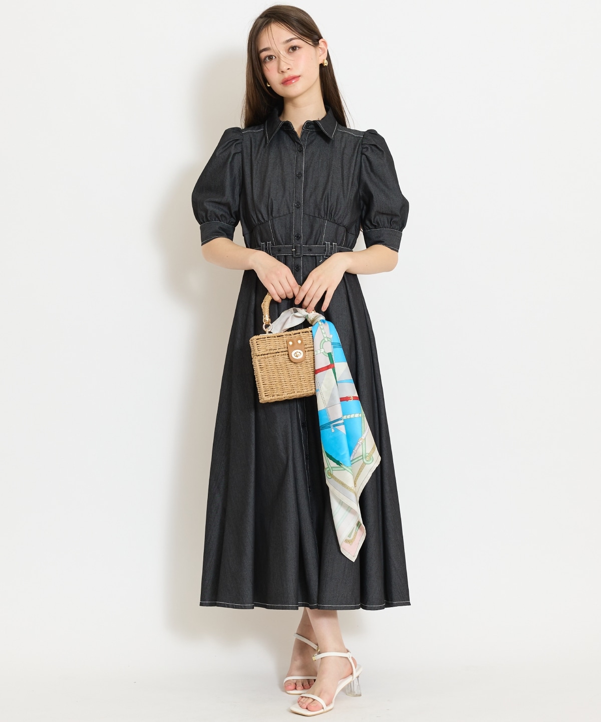 ベルト付きタックスリーブフレアワンピース