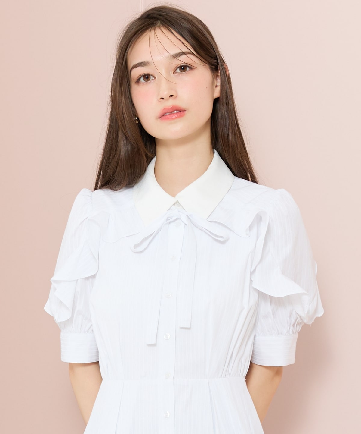 ラッフルパフスリーブシャツワンピース