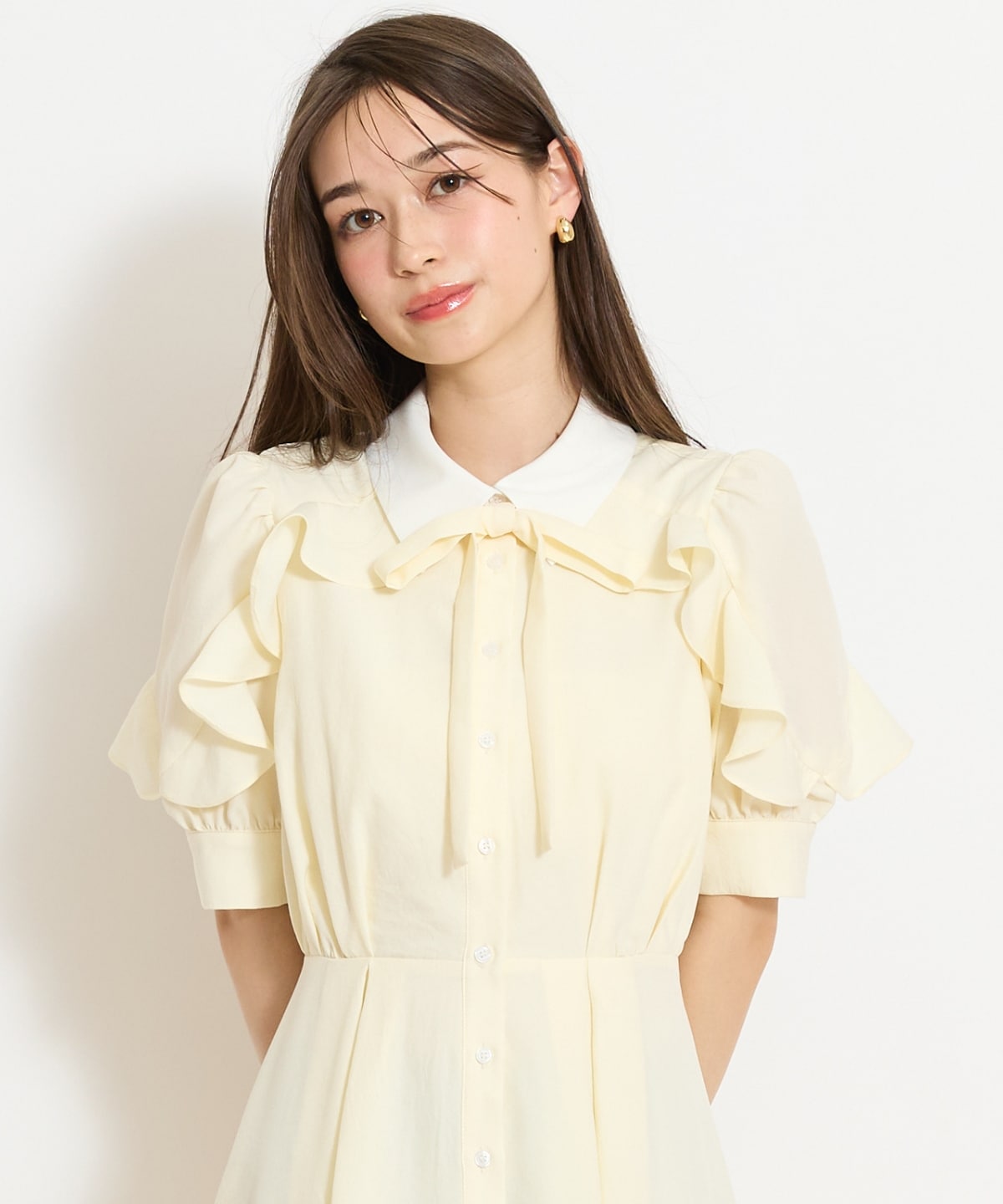 ラッフルパフスリーブシャツワンピース