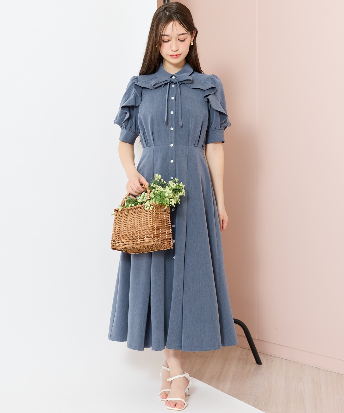 ラッフルパフスリーブシャツワンピース