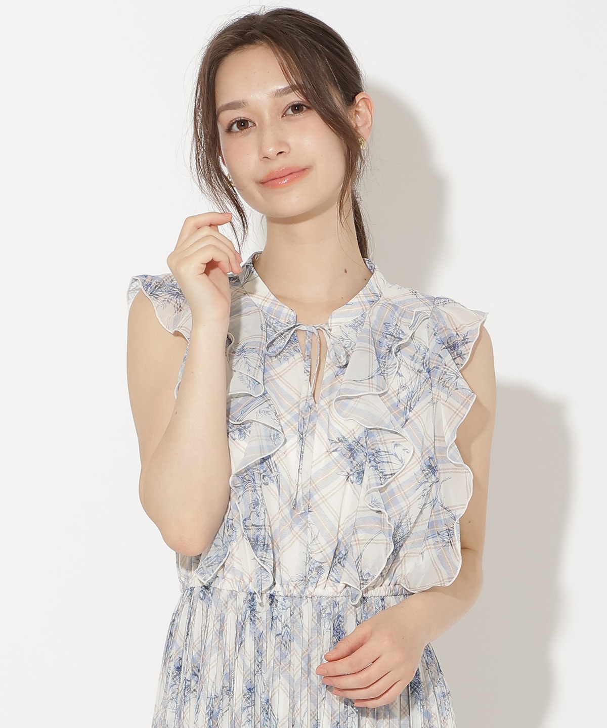 フラワーチェックプリントプリーツ切替ワンピース