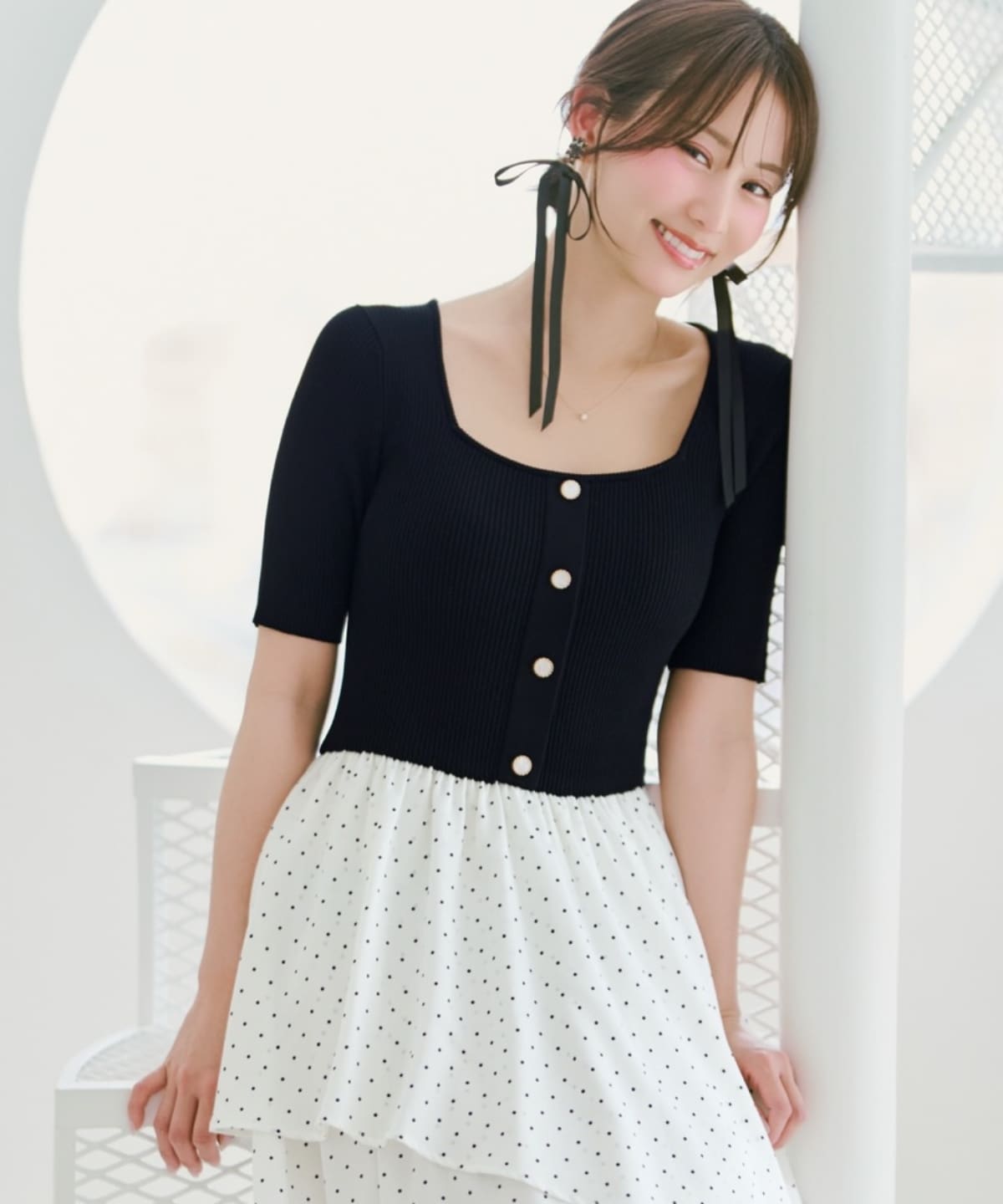 アシメティアードニットコンビワンピース