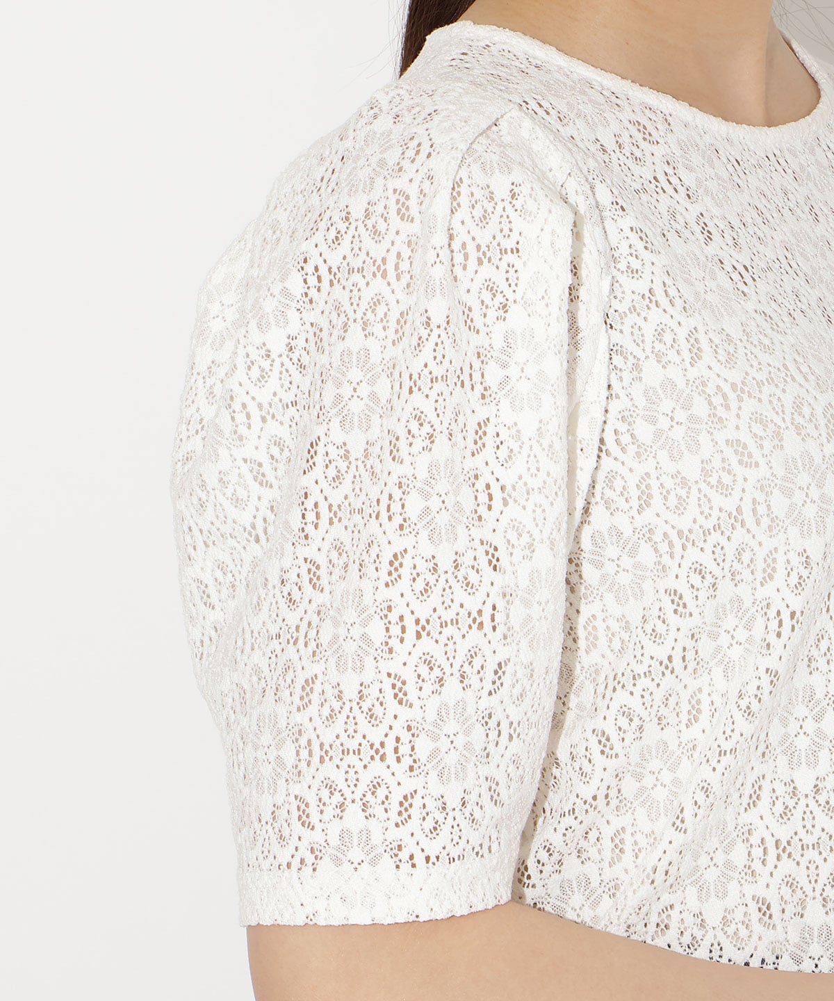 レースクルーネックトップス