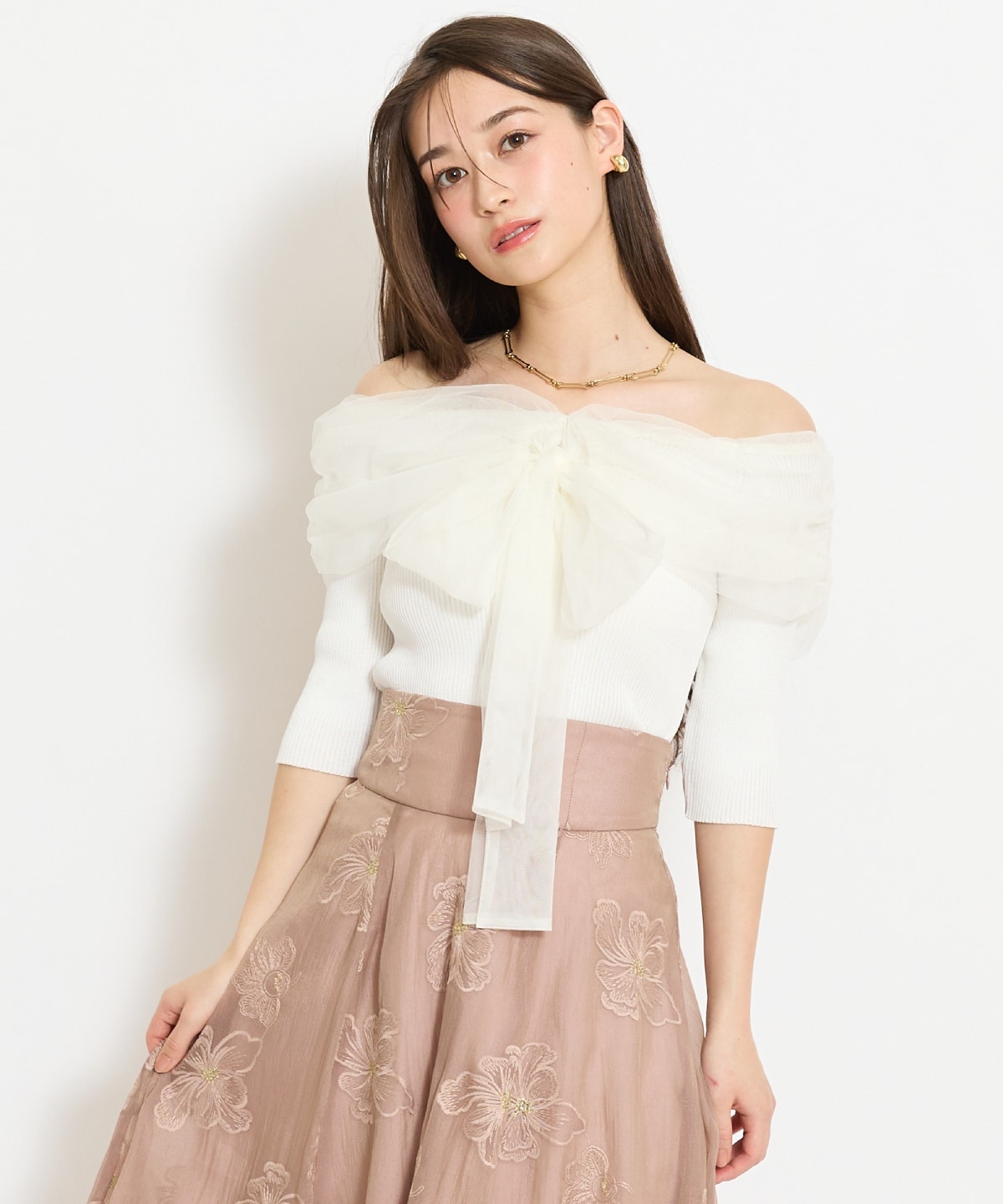 リボンチュールレイヤードリブニット