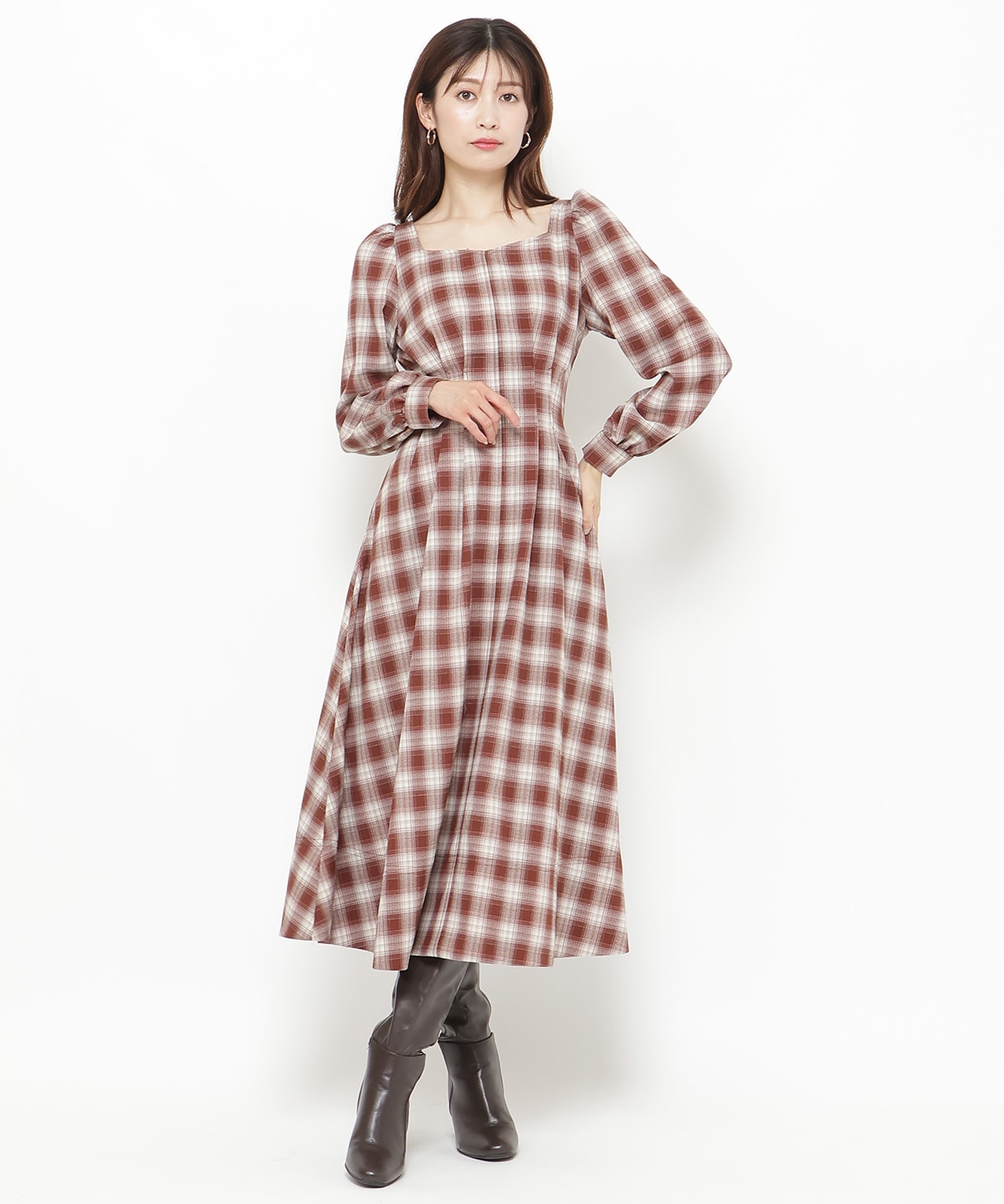 チェックウエストタックワンピース