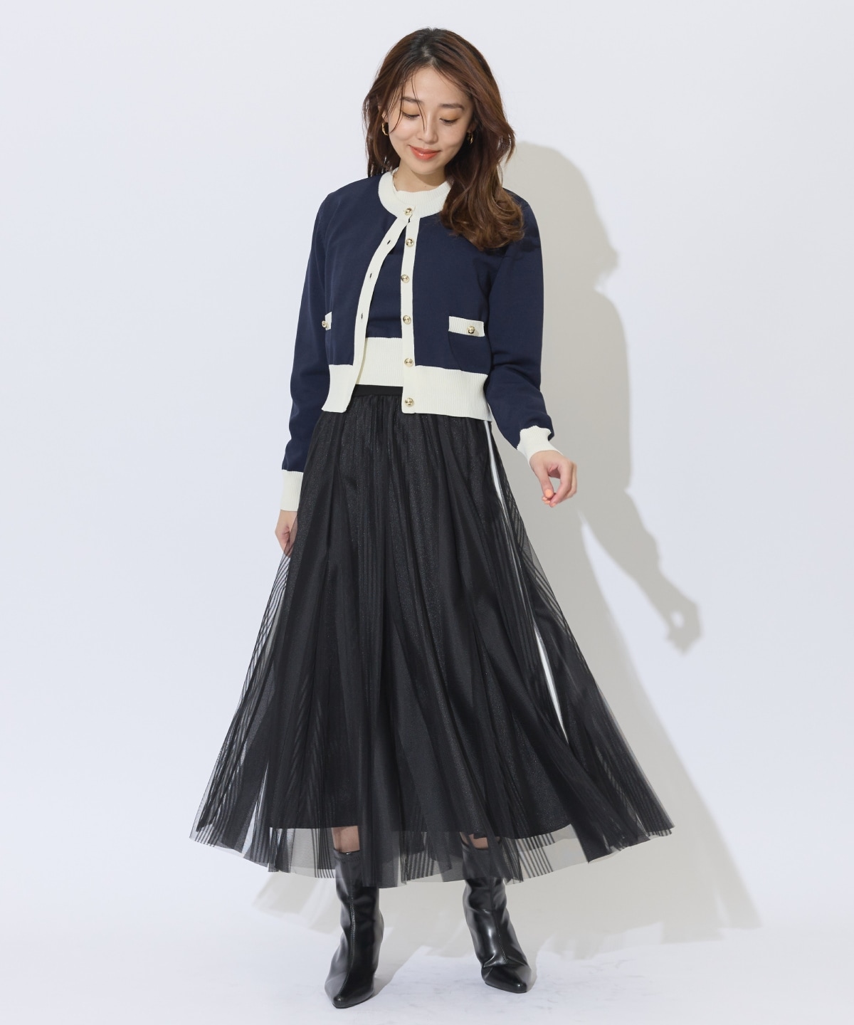 ウエストリブサイドラインストライプ×チュールロングスカート