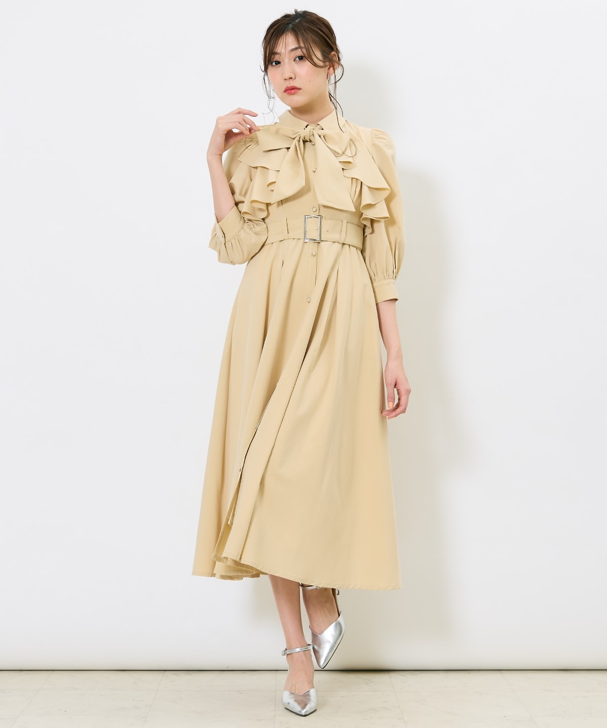 ストライプフリルケープワンピース