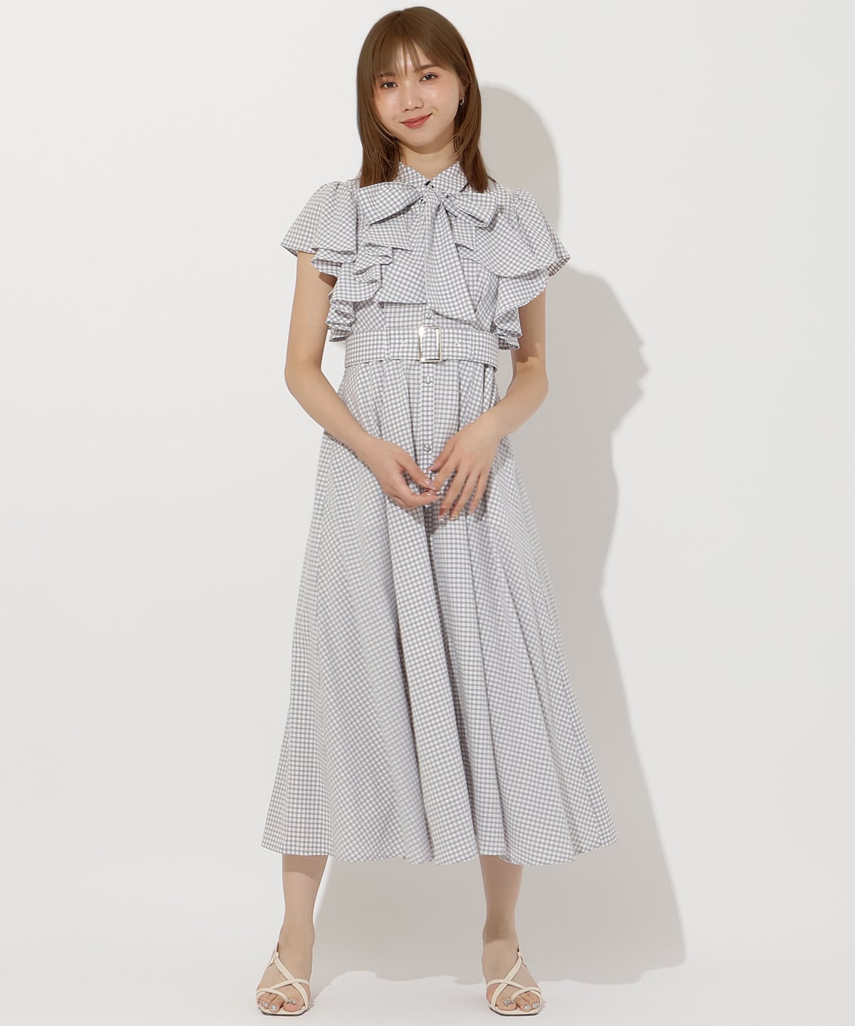 袖フリルチェックシャツワンピース