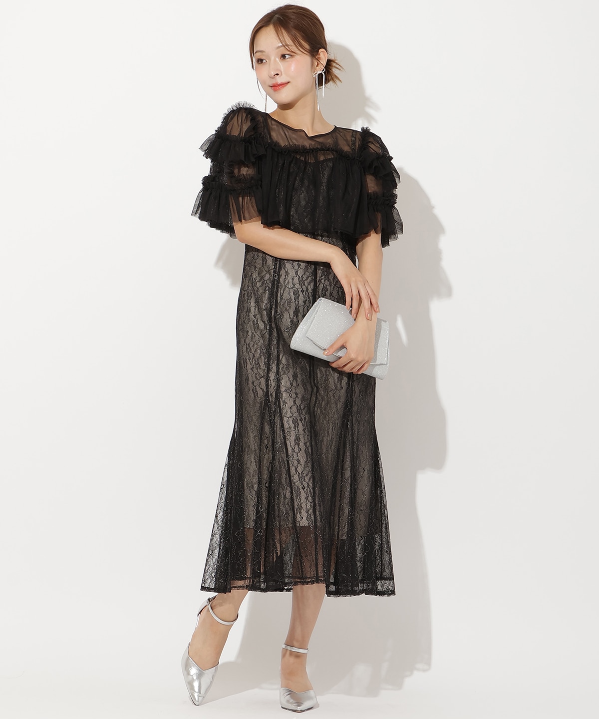 チュールフリルブラウス+レースキャミドレス